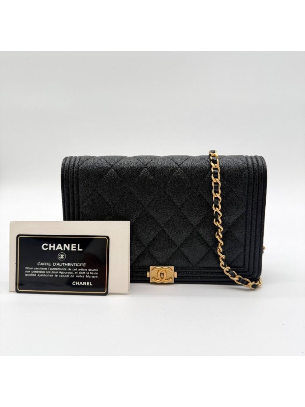 Chanel Caviar Leather Boy Chain Wallet Black Gold Shoulder Bag